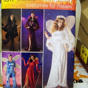 May include: A sewing pattern for costumes for misses. The pattern includes five different costumes: a witch, an angel, a fairy, a devil, and a vampire. The pattern is from Simplicity and the pattern number is 0517. The size range is 14-20.