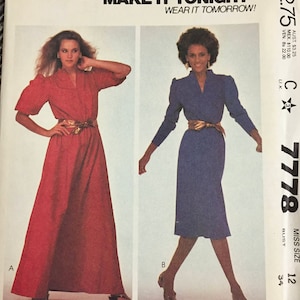 80&#39;s Misses&#39; Pullover Dress Sewing Pattern  McCall&#39;s 7778  Misses&#39; Size 12 Bust 34 inches  Complete Uncut FF