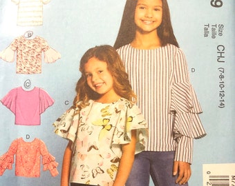 Girls' Pullover Tops Sewing Pattern McCall's 7799  Size 7-14 Chest 26-32 inches  UNCUT  COMPLETE Butterfly Sleeves...Round Neck