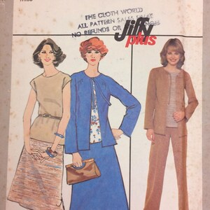 May include: A vintage Simplicity sewing pattern for a women's outfit. The pattern number is 8306 and the size is 14. The pattern includes a jacket, skirt, and pants. The jacket is blue, the skirt is brown and white striped, and the pants are brown.