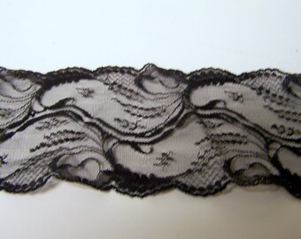 Black Insert Lace Trim - 3 1/2 inches Wide - Double Scallop Edge - by the Yard