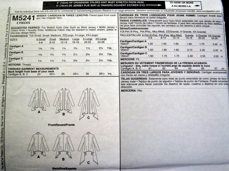 Misses' Cardigan Sewing Pattern McCall's 5241 Uncut | Etsy