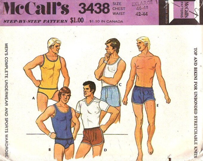 70's Men's Underwear Sewing Pattern Mccall's 3438 Sports Wardrobe Top