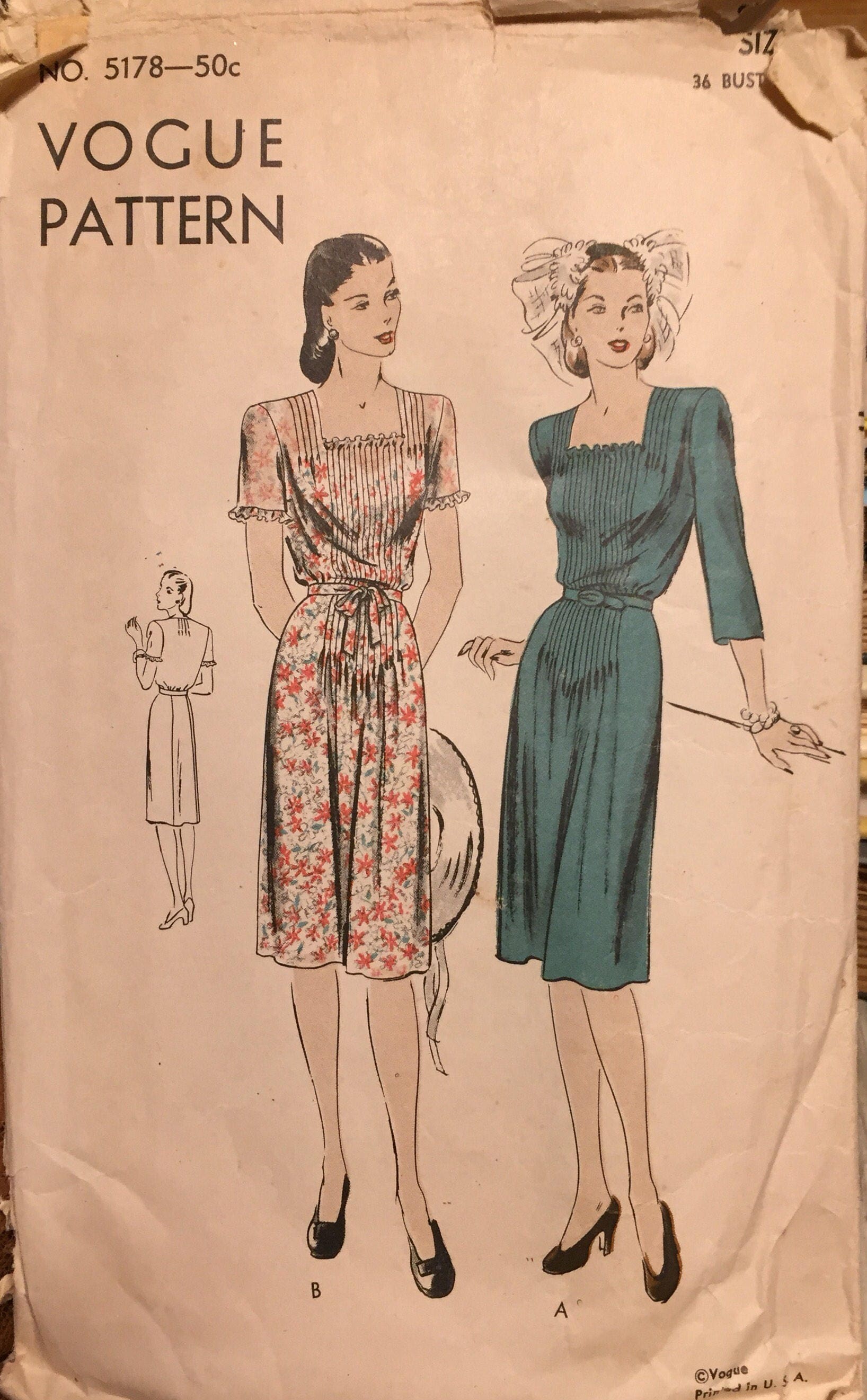 1940's Vogue One-Piece Dress Pattern with Gathered Bodice - Bust 34