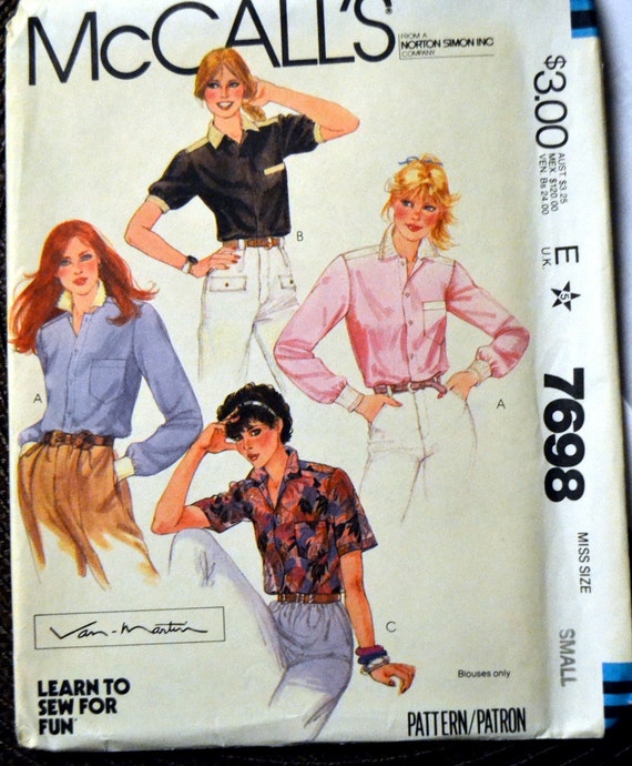 Misses' Shirts Sewing Pattern Mccall's 7698 80's Misses' Shirts
