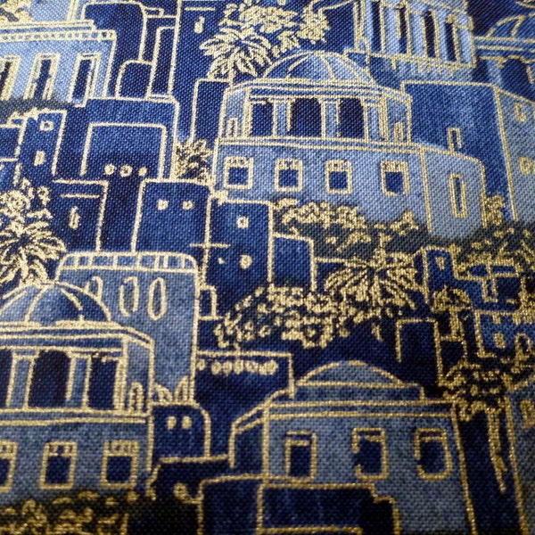Judaic Fabric Fat Quarters Ancient City Blue  with Gold Accents