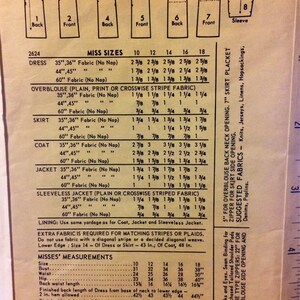 May include: A vintage sewing pattern for a dress, blouse, skirt, coat, and jacket. The pattern includes instructions and measurements for sizes 10-18. The pattern is printed on yellowed paper with black text.