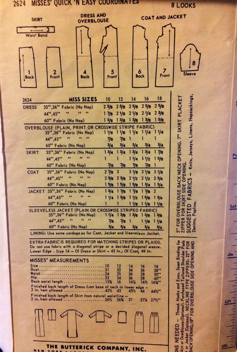 May include: A vintage sewing pattern for a dress, blouse, skirt, coat, and jacket. The pattern includes instructions and measurements for sizes 10-18. The pattern is printed on yellowed paper with black text.