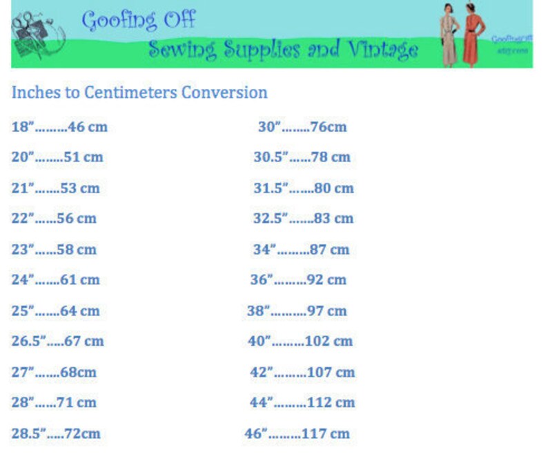 May include: A chart showing inches to centimetres conversion. The chart lists inches from 18 to 46 in increments of 0.5 inches and the corresponding centimetre measurement.