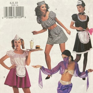 May include: A sewing pattern for four different costumes: a striped sailor outfit, a maid costume, a waitress costume, and a belly dancer costume. The pattern is from Butterick and is size 6, 8, and 10.