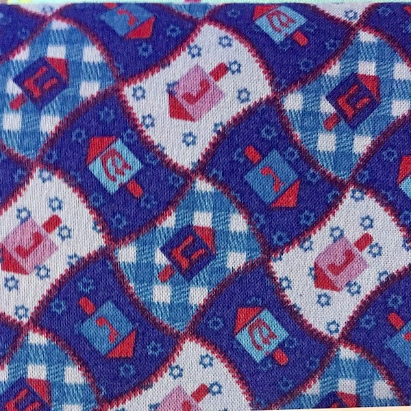 Mini Dreidels on Blue Judaic Fabric  By the Half Yard....Hanukkah Fabric