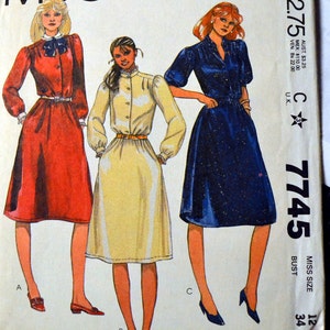 Vintage 1980&#39;s  Misses&#39; Buttoned Pullover Dress Sewing Pattern McCall&#39;s 7745 Misses&#39;  Bust 34 Size 12 Uncut Complete