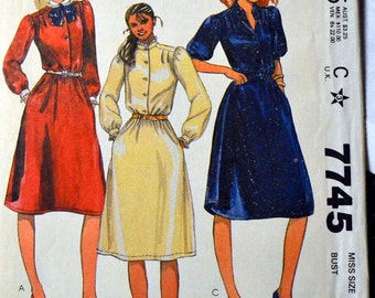 Vintage 1980's  Misses' Buttoned Pullover Dress Sewing Pattern McCall's 7745 Misses'  Bust 34 Size 12 Uncut Complete