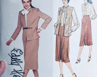 Signed Edith Head Vogue 2220 Sewing Pattern Misses' Jacket, Skirt, Blouse, and Tie Bust 32.5 inches Uncut Complete...American Designer