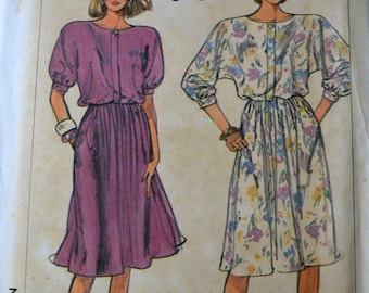 Blouse Dress Vintage 80's Sewing Pattern Simplicity 7884 Blouson Dress Bust 32 to 38 Uncut Complete