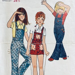 May include: Vintage children's clothing pattern featuring illustrations of three children in overalls. The pattern includes a size 10 and a breast measurement of 28 1/2 inches. The overalls are in various colors and styles.