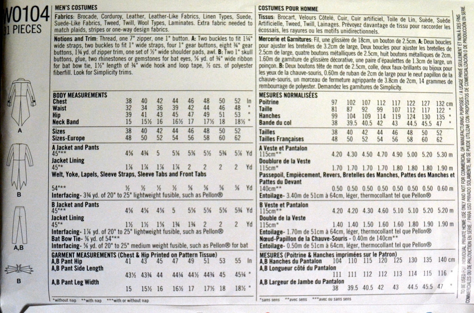 Men's Cosplay Costume Sewing Pattern Simplicity 1039/W0104 Etsy