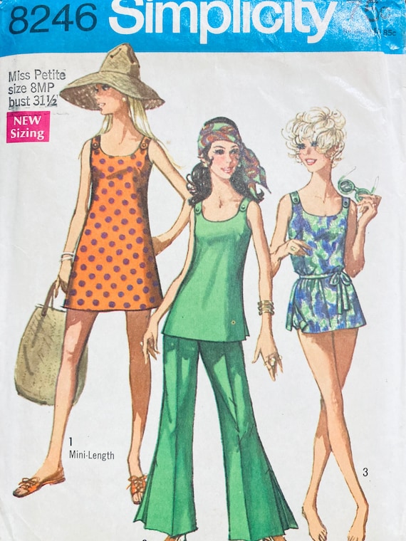 Miss Petite's Mini Dress, Bathing Suit, and Pants Sewing Pattern Simplicity  8246 Size 8MP Bust 31.5 Inches Uncut Cover Upbeach1969 
