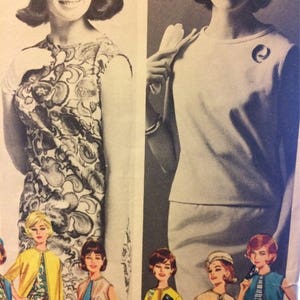 May include: A vintage fashion magazine page featuring a black and white photo of a woman wearing a floral dress and a white photo of a woman wearing a white dress. The page also features a group of women wearing different styles of dresses.