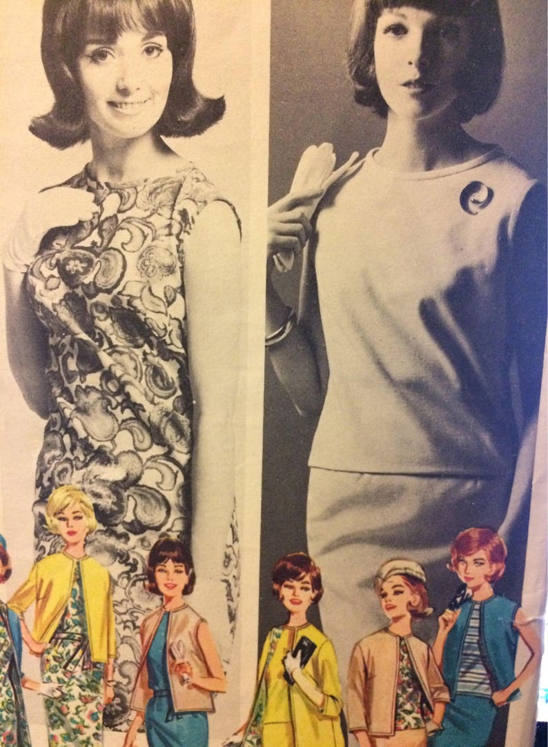 May include: A vintage fashion magazine page featuring a black and white photo of a woman wearing a floral dress and a white photo of a woman wearing a white dress. The page also features a group of women wearing different styles of dresses.