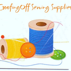 May include: Two spools of thread, one yellow and one blue, with a needle and a few buttons. The spools are on a white background with the text "GooofingOff Sewing Supplies".
