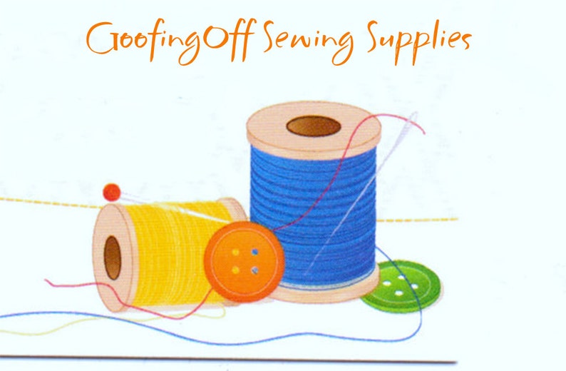 May include: Two spools of thread, one yellow and one blue, with a needle and a few buttons. The spools are on a white background with the text "GooofingOff Sewing Supplies".