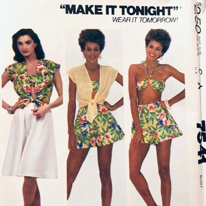 May include: A sewing pattern for a tropical print top and shorts. The pattern is from McCall's and is called "Make It Tonight, Wear It Tomorrow!" The pattern number is 7541 and the bust size is 36.
