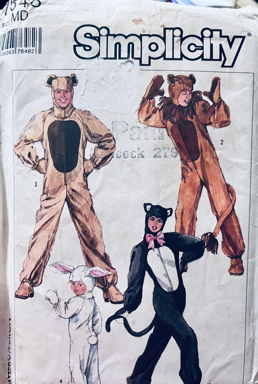 Adults' Animal Costume Sewing Pattern Simplicity 7648 Size Medium Chest
