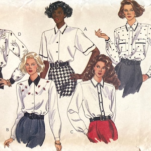 May include: A sewing pattern for five different blouses, each with a different style of collar and sleeve. The pattern is labeled "CLASSICS" and "EASY/FACILE".