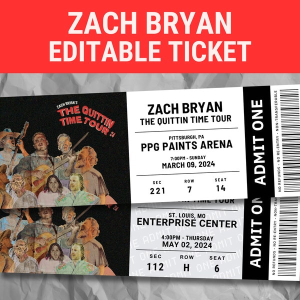 Zach Bryan Editable Concert Ticket, Standing Room Only 2024, Memorabilia, Surprise Gift Tim McGraw Ticket, Printable, Digital Print