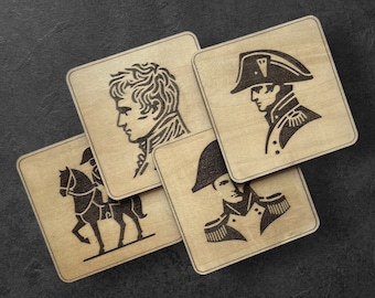 Napoleon houten onderzetters – Portretten en historische verwijzingen – Origineel cadeau-idee voor geschiedenis- of Corsica-liefhebbers – Onderzetters voor kopjes