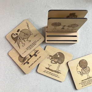 Sous-Verres Shadoks en Bois - “Je Pompe Donc Je Suis” - Dessins Cultes & Citations Décalées - Idée Cadeau Humour Absurde – Dessous de Tasses