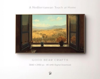 Paesaggio delle colline di ulivi toscane / Quadro TV con cornice mediterranea / Dipinto ad olio rustico dai toni terrosi / Tendenza digitale neutra e rilassante per il download 2026