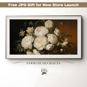 May include: A framed painting of a bouquet of white flowers with green leaves against a dark brown background. The painting is titled "GOOD BEAR CRAFTS" with a bear paw print below the title.