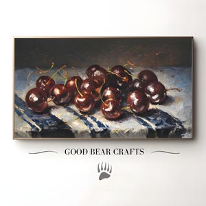 Moody Cherry Still Life - Dark Red Fruit Wall Art - Oil Painting Digital Download - Kitchen Decor for Samsung Frame TV - 4K Artwork