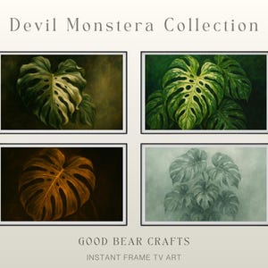 Devil Monstera-kollektion – Moody Botanical Samsung Frame TV-konstset, Sällsynt Monstera digital väggkonst för nedladdning, Modern växtinredning för vardagsrum
