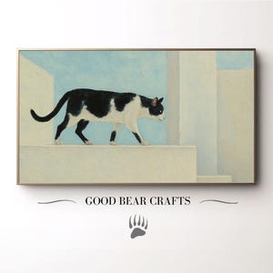 Cat on a Walk Digital Art for Samsung Frame TV–Minimalist Black and White Cat Wall Art Modern Animal Artwork TV Art Download for Pet Lovers