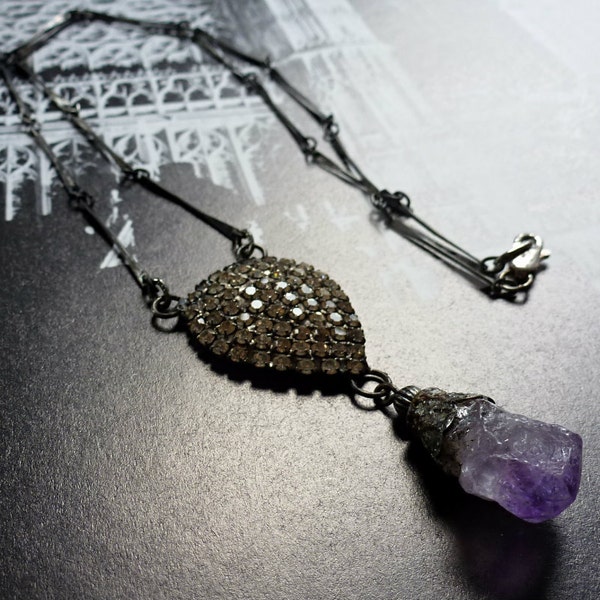 Starry Dusk - rough amethyst point and vintage rhinestone crystal necklace - mixed media assemblage OOAK