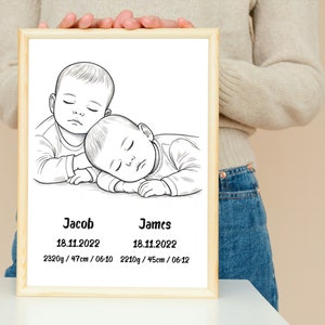 Personalisierbares Baby Zwillinge Geburtsposter - Personalisiertes Neugeborenen Geschenk, Kinderzimmer Wandkunst, Babyzimmer Dekor, ideales Geschenk für neue Eltern