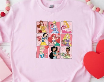 Disney Princess Sweatshirt, Princess Valentine's Day Sweater, Kids Disney Pullover, Cute Ariel, Snow White, Elsa, Belle, Tiana Sweatshirt