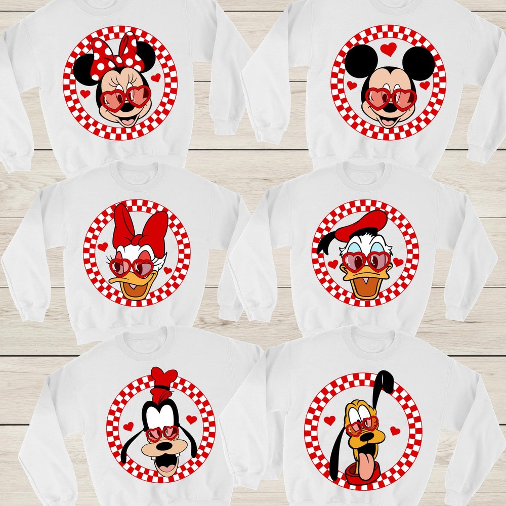 Disney Mickey And Friends Sweater, Valentine'S Day Sweatshirt, Heart Shape Glasses, Couple Sweater, Valentine'S Day Gift, Mickey And Minnie Bespoketshirt