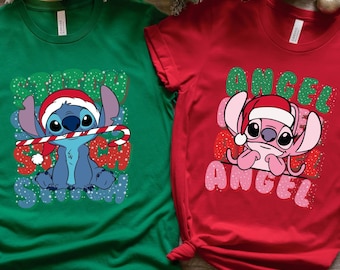Stitch and Angel Matching Christmas Shirt, Santa Stitch and Angel Kids Tee, Cute Baby Christmas Tee, Disney Long Sleeve Xmas Tee, Disneyland