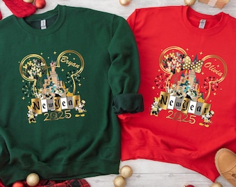 Custom Name 2025 New Year's Pullover, Disney Magic Castle Sweaters, Couple Minnie & Mickey Festive Holiday Crewneck, Kids Disney Celebration