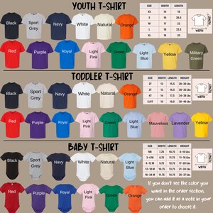 Pu&ograve; includere: Un grafico che mostra diverse opzioni di colore per magliette per bambini, neonati e bambini piccoli. Il grafico include informazioni su taglia e peso per ogni taglia. I colori includono nero, grigio sportivo, blu navy, bianco, naturale, arancione, rosso, viola, blu reale, rosa chiaro, verde, blu chiaro, giallo, verde militare, lavanda e malva.