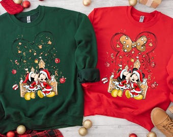 Christmas Santa Mickey Santa Minnie Sweatshirt, Disney New Years Couple Sweater, Women Xmas Minnie Bow Pullover, Disneyland Mickey Ears
