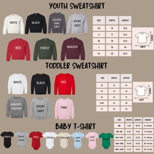 Puede incluir: Un gr&aacute;fico que muestra las tallas para j&oacute;venes, ni&ntilde;os peque&ntilde;os y beb&eacute;s para sudaderas y camisetas. El gr&aacute;fico incluye las medidas de talla, ancho, largo y peso en pulgadas y libras. El gr&aacute;fico tambi&eacute;n muestra diferentes opciones de color para cada talla.