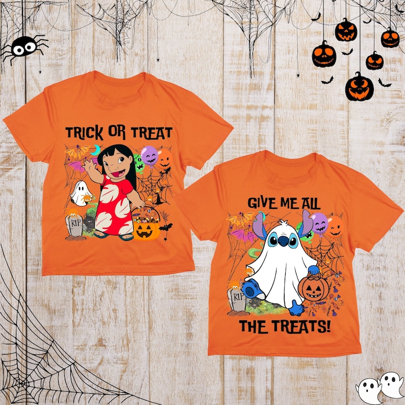 May include: Two orange t-shirts with Halloween themed graphics. The first shirt features Lilo from Lilo & Stitch dressed as a ghost and says "Trick or Treat". The second shirt features Stitch dressed as a ghost and says "Give me all the treats!"