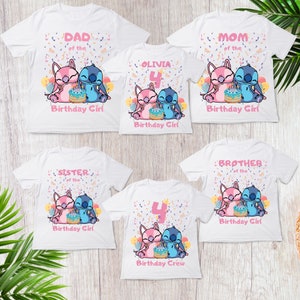 May include: White t-shirts with a cartoon graphic of two characters, a pink and a blue one, with a birthday cake. Text on the shirts reads "DAD of the Birthday Girl", "OLIVIA 4 Birthday Girl", "MOM of the Birthday Girl", "SISTER of the Birthday Girl", "Birthday Crew", and "BROTHER of the Birthday Girl".
