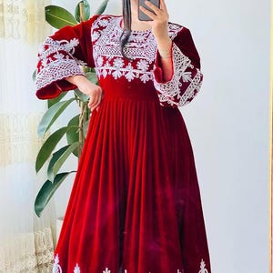 Afghan Traditional Chamra  Embroidered  Floor  Length Velvet Dress| Limited Stock