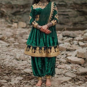 Afghan Traditional Chamra  Embroidered  Floor  Length Velvet Dress| Limited Stock